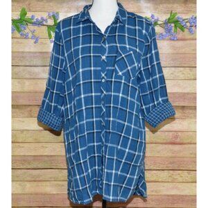 J. Jill Ladies Button Front Blue Plaid Long Sleeve Shirt Top Size XL Pockets